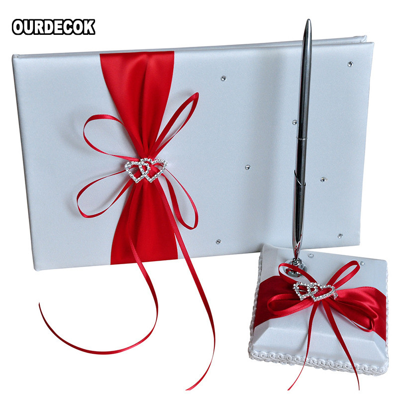 2 bucăți/set nuntă satin carte de semnătură set de stilouri cu stras bowknot perle decor aprovizionare produse pentru petrecerea de nuntă