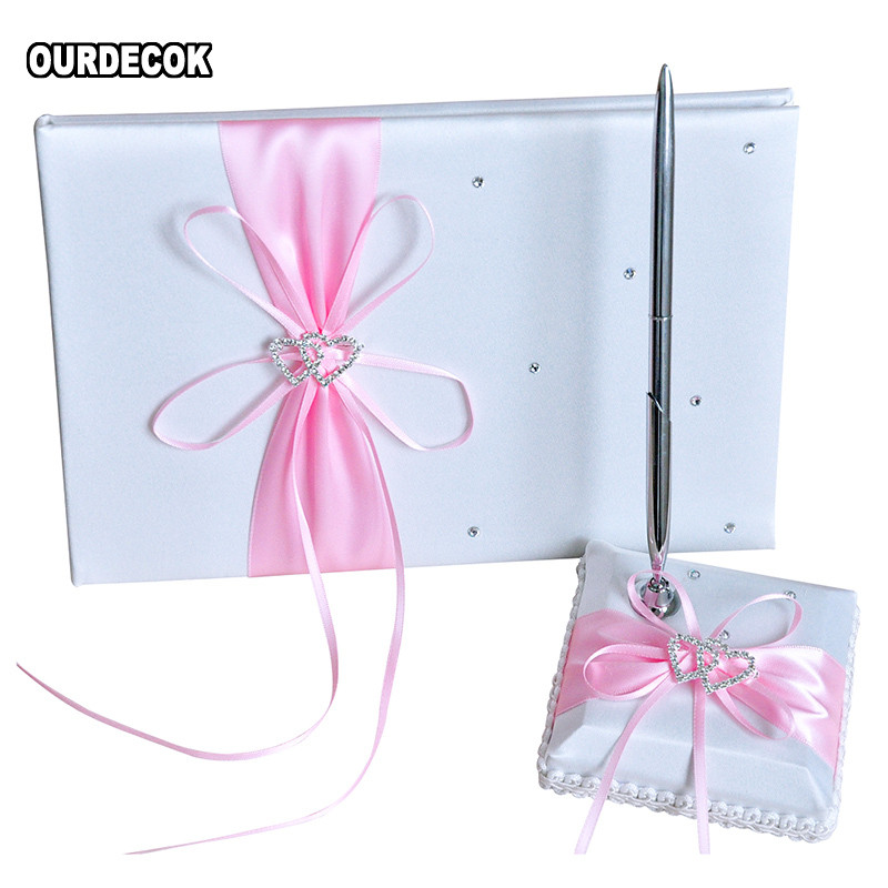2 bucăți/set nuntă satin carte de semnătură set de stilouri cu stras bowknot perle decor aprovizionare produse pentru petrecerea de nuntă