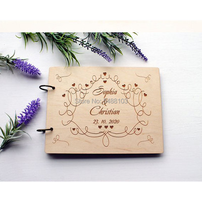 Coroniță personalizată Carte de oaspeți de nuntă Alternative Carte de oaspeți din lemn pentru Semn pentru invitați de nuntă Album rustic A4 Nume și Data personalizate