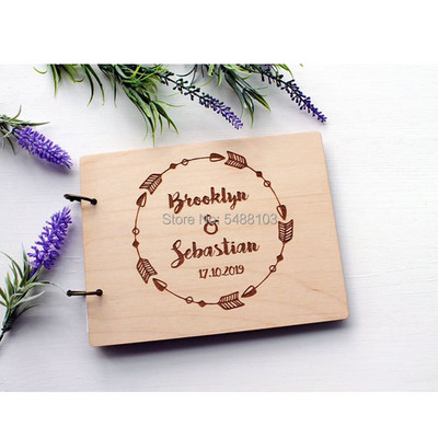 Coroniță personalizată Carte de oaspeți de nuntă Alternative Carte de oaspeți din lemn pentru Semn pentru invitați de nuntă Album rustic A4 Nume și Data personalizate