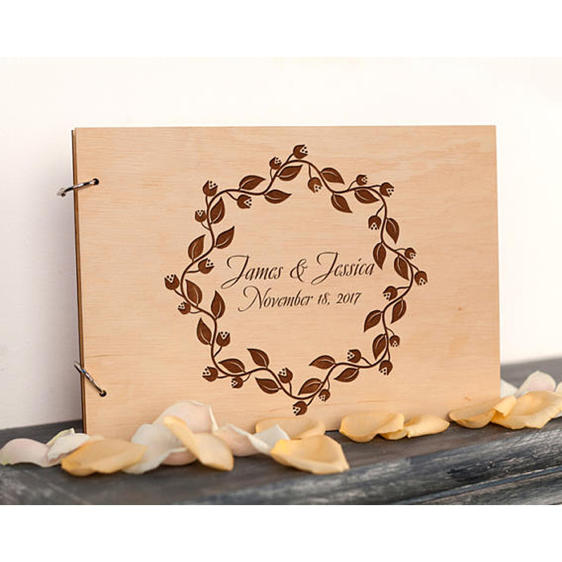 Coroniță personalizată Carte de oaspeți de nuntă Alternative Carte de oaspeți din lemn pentru Semn pentru invitați de nuntă Album rustic A4 Nume și Data personalizate