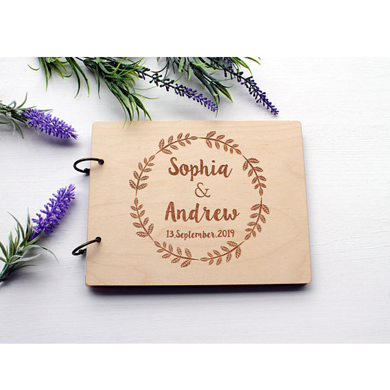 Coroniță personalizată Carte de oaspeți de nuntă Alternative Carte de oaspeți din lemn pentru Semn pentru invitați de nuntă Album rustic A4 Nume și Data personalizate