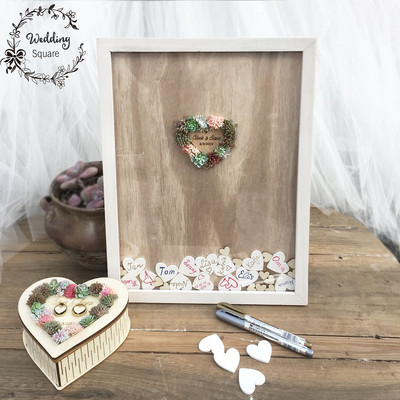 Wedding drop box Wedding Succulent Cactus Wrcath Personalized Guest Book Πλαίσιο Πινακίδα Βιβλίο Διακόσμησης γάμου ξύλινο κουτί