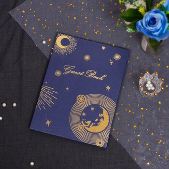 Сватбена книга за гости Подаръци за младоженци Поздравителна покана Подпис Име Бизнес книга Синя корица със златни звезди