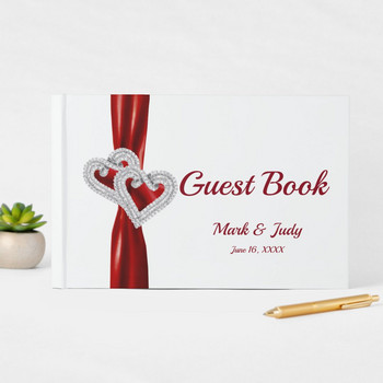 Книга за гости със сватбен подпис Red Diamond Hearts, персонализирана книга за гости, персонализирано име и дата, младоженец и булка, сватбени подаръци
