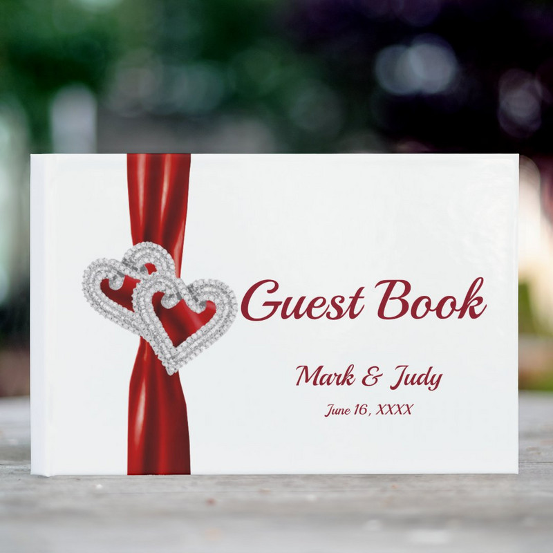 Red Diamond Hearts Pulmasignatuuriga külalisteraamat, isikupärastatud külalisteraamat, kohandatud nimi ja kuupäev, peigmees ja pruut, pulmakingid