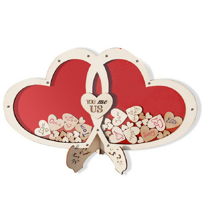 Carte de oaspeți de nuntă în formă de inimă Cadru din lemn de sus cu 100 de bucăți de inimă alternativă pentru carte de semne pentru aniversarea petrecerii