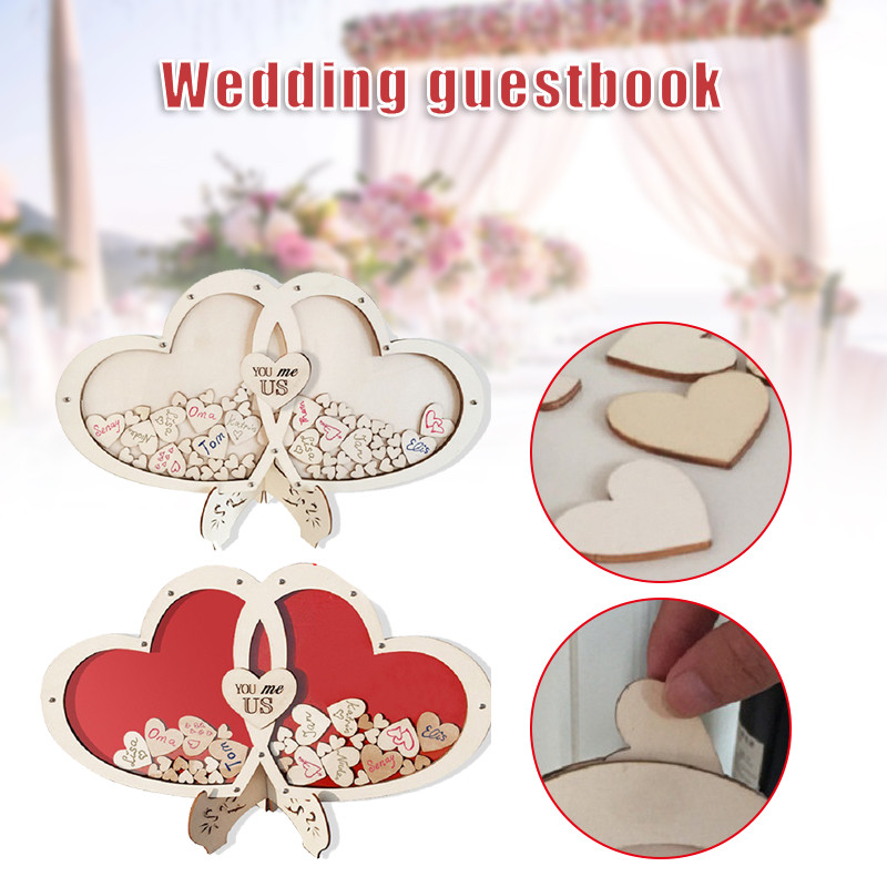 Carte de oaspeți de nuntă în formă de inimă Cadru din lemn de sus cu 100 de bucăți de inimă alternativă pentru carte de semne pentru aniversarea petrecerii