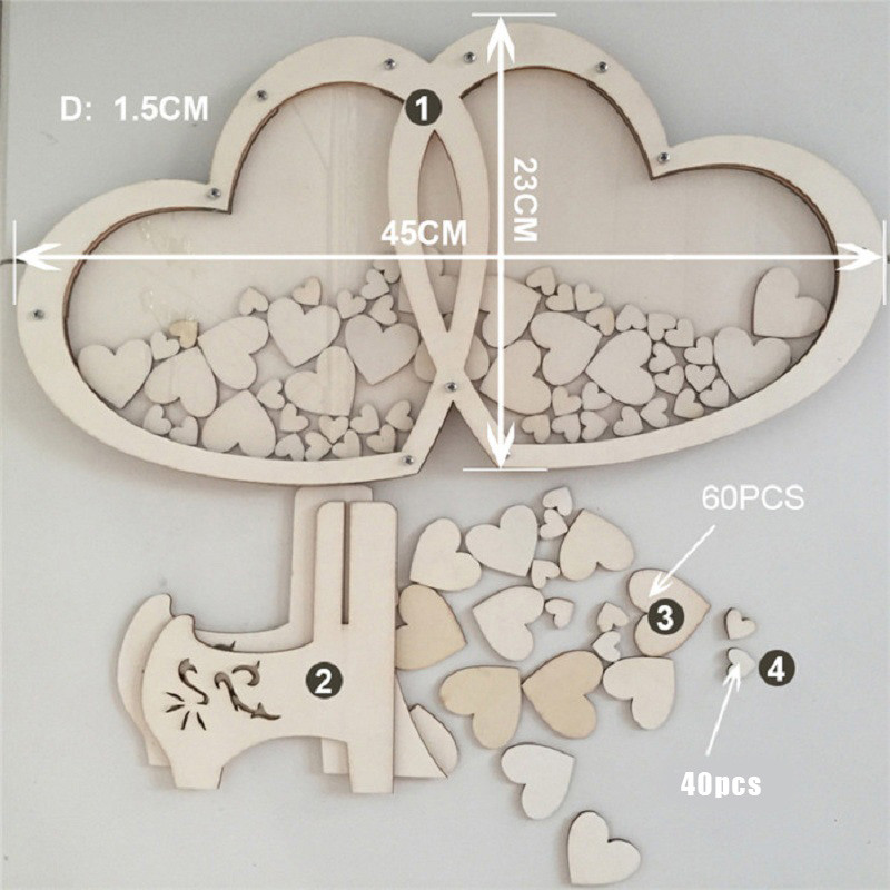 Carte de oaspeți de nuntă în formă de inimă Cadru din lemn de sus cu 100 de bucăți de inimă alternativă pentru carte de semne pentru aniversarea petrecerii