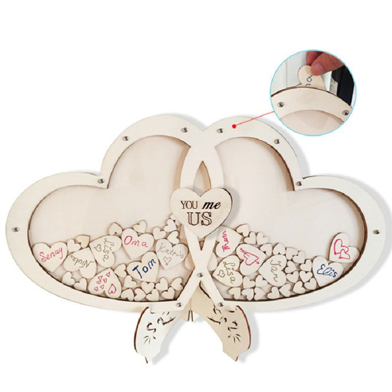 Carte de oaspeți de nuntă în formă de inimă Cadru din lemn de sus cu 100 de bucăți de inimă alternativă pentru carte de semne pentru aniversarea petrecerii