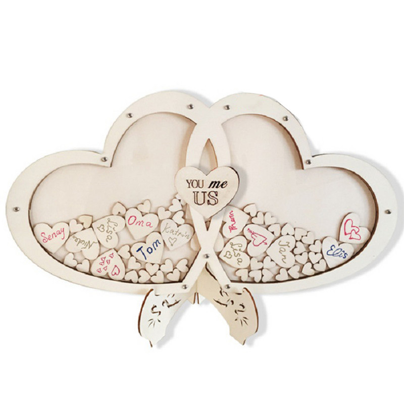 Carte de oaspeți de nuntă în formă de inimă Cadru din lemn de sus cu 100 de bucăți de inimă alternativă pentru carte de semne pentru aniversarea petrecerii