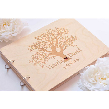 Персонализирана книга за гости на сватбено дърво с дървен венец, рустикална книга за гости за сватба, сватбен албум с подпис на гостите, сватбен декор
