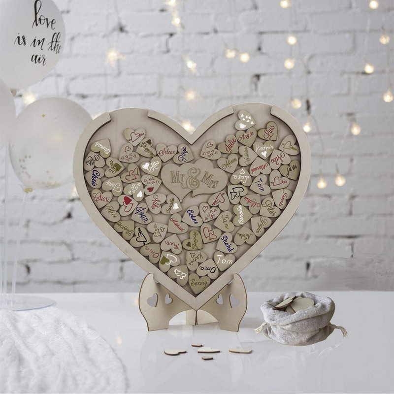 Decorare carte de oaspeți de nuntă în formă de inimă, cutie de picături cu inimă dulce, pentru nuntă, cu mesaje 3D, carte de oaspeți, suport din lemn, ornamente