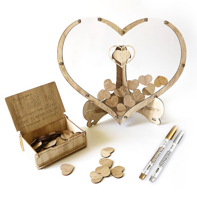 C90D Cadru de inimă din lemn Carte de oaspeți de nuntă transparentă Vintage personalizată alternativă cu semne pentru decorare rustică pentru petreceri