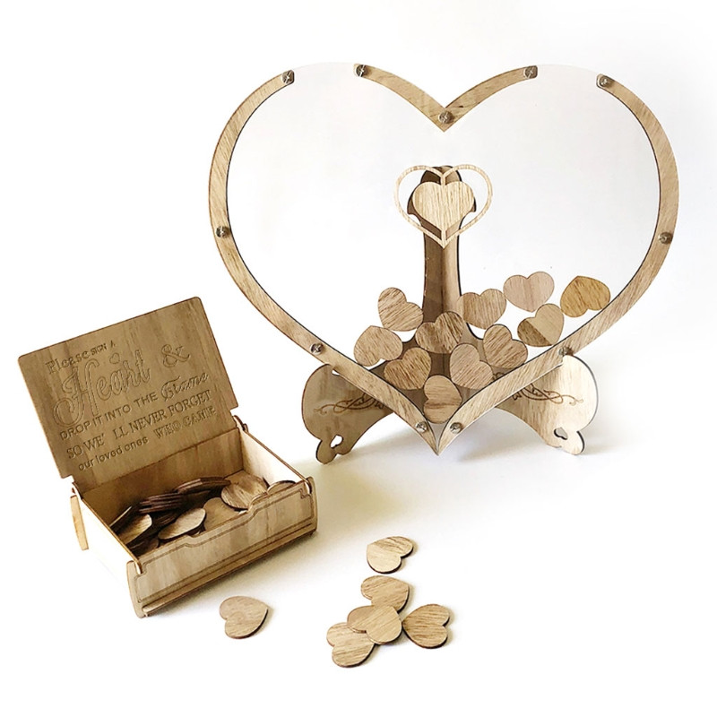 C90D Cadru de inimă din lemn Carte de oaspeți de nuntă transparentă Vintage personalizată alternativă cu semne pentru decorare rustică pentru petreceri