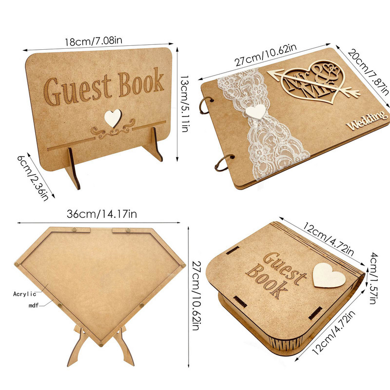 Prisijungimo knyga su deimanto formos dekoru Prisijungimo įrankis Medinis vestuvių dekoras, skirtas kūdikių vakarėliui išleistuvių vakarėliui Svečių knyga Tobulos dovanos