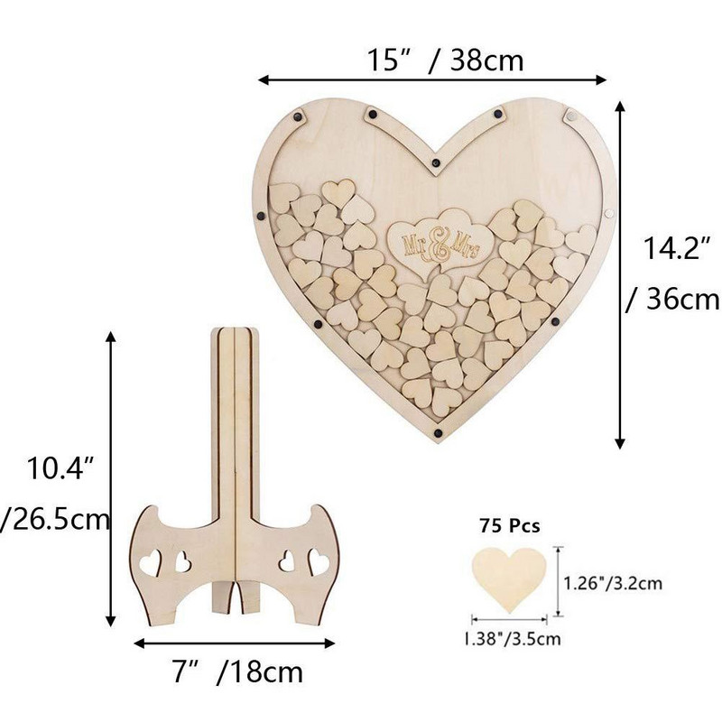 Unikalios vestuvių svečių knygos alternatyva su 75 vnt medinėmis širdelėmis, medinio rėmo dėžutės svečių knygomis