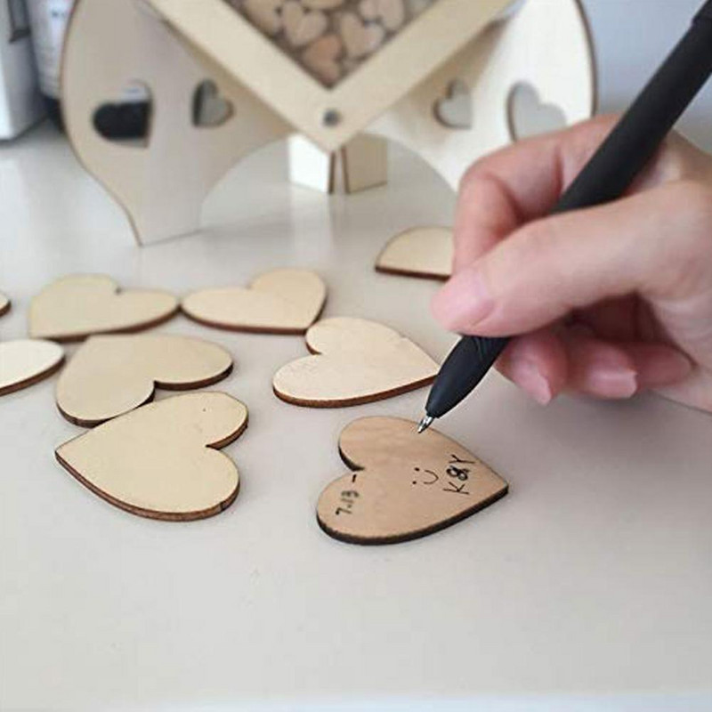 Unikalios vestuvių svečių knygos alternatyva su 75 vnt medinėmis širdelėmis, medinio rėmo dėžutės svečių knygomis