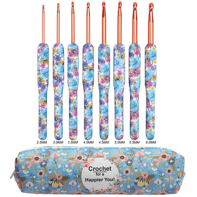 Set de croșete de culoare albastră Ace de croșetat din aluminiu cu geantă Set de croșetat de tricotat ergonomic Genți albe cu flori 2,5-6,0 mm
