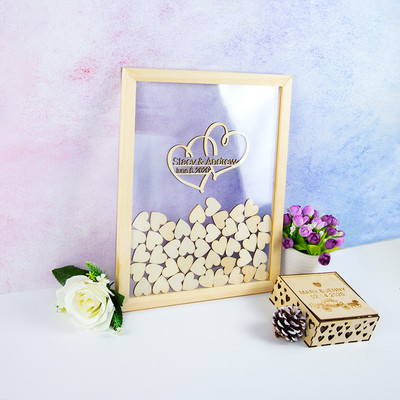 Isikupärastatud läbipaistev Drop Box külalisteraamatu alternatiivne pulmamärk, puidust südametega pulmamärk akrüülist pulmade külalisteraamatu raam