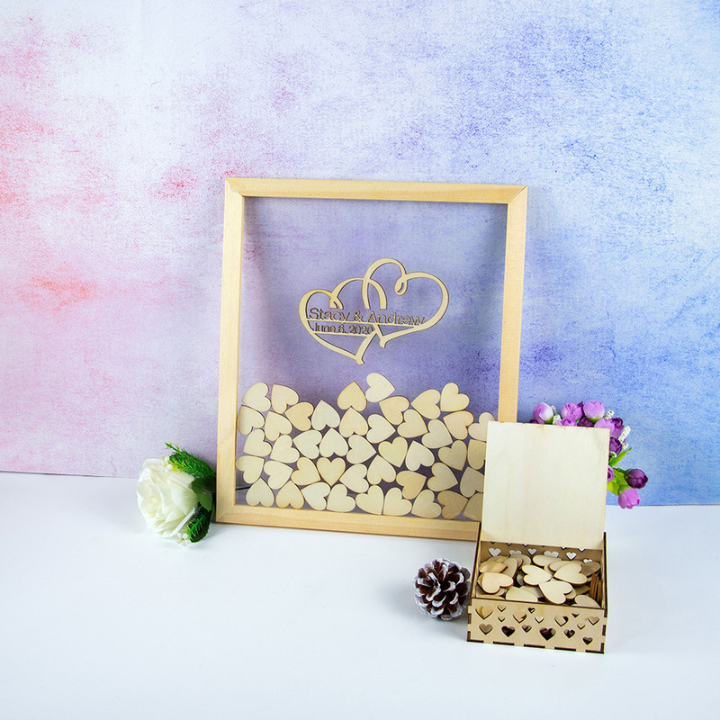 Isikupärastatud läbipaistev Drop Box külalisteraamatu alternatiivne pulmamärk, puidust südametega pulmamärk akrüülist pulmade külalisteraamatu raam