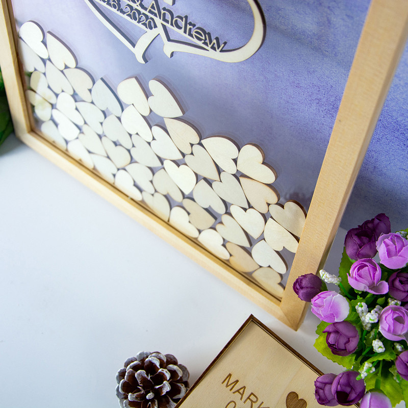 Isikupärastatud läbipaistev Drop Box külalisteraamatu alternatiivne pulmamärk, puidust südametega pulmamärk akrüülist pulmade külalisteraamatu raam