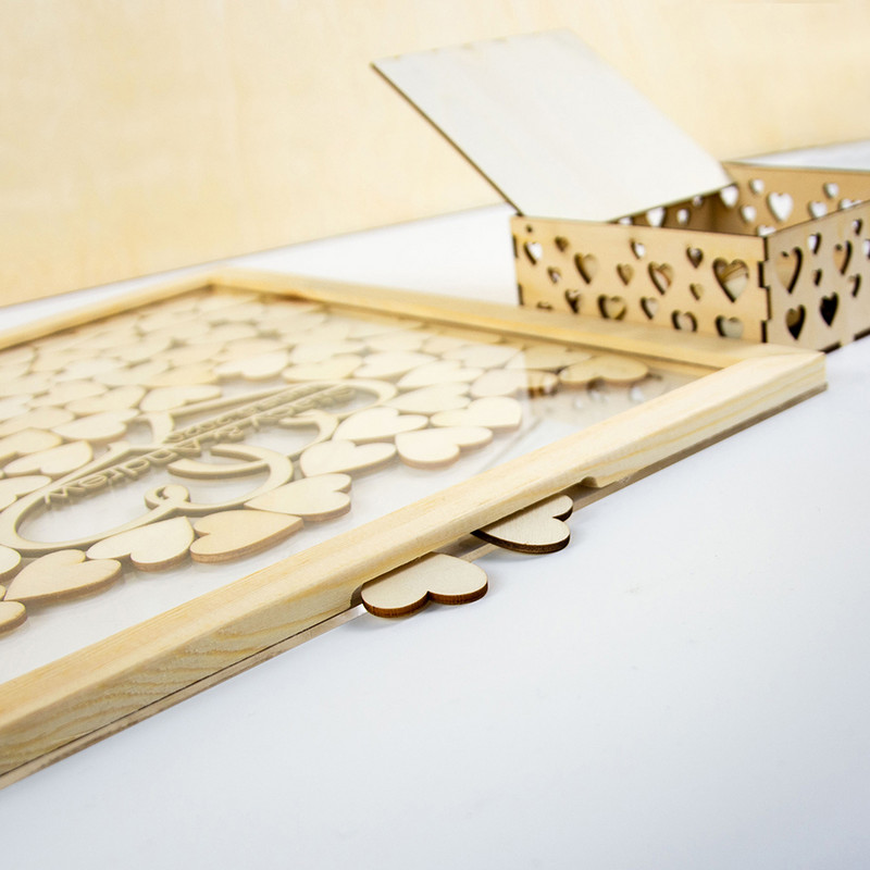 Isikupärastatud läbipaistev Drop Box külalisteraamatu alternatiivne pulmamärk, puidust südametega pulmamärk akrüülist pulmade külalisteraamatu raam