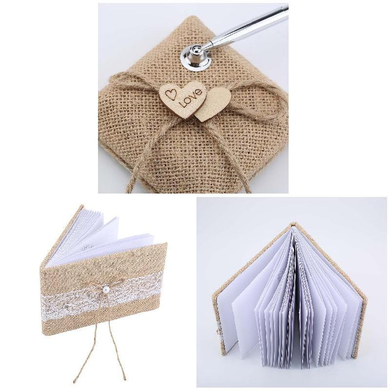 Vintažinė suasmeninta vestuvių svečių knyga, papuošta vestuvių svečių knyga ir rašiklio stovas