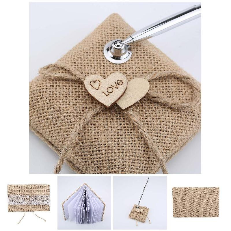 Vintažinė suasmeninta vestuvių svečių knyga, papuošta vestuvių svečių knyga ir rašiklio stovas