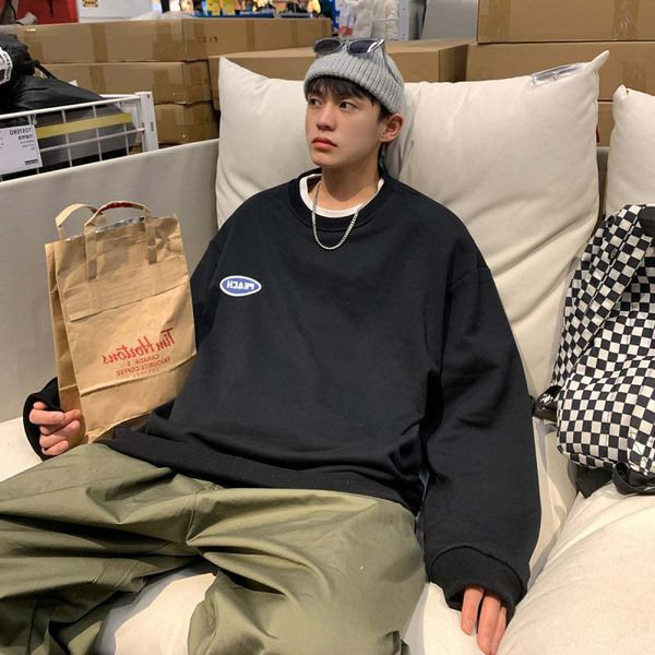 Bluză pentru bărbați cu model gratuit, cu decolteu oval și logo