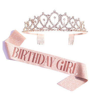 Bling Rhinestone Crystal Crown Tiara Birthday Anniversary Decoration Честит 18 21 30 40 50th Birthday Satin Sash Парти консумативи