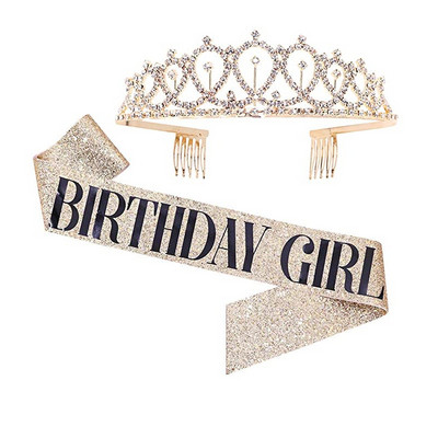 Bling Rhinestone Crystal Crown Tiara Birthday Anniversary Decorn Happy 18 21 30 40 50th Birthday Satin Sash Party Supplies