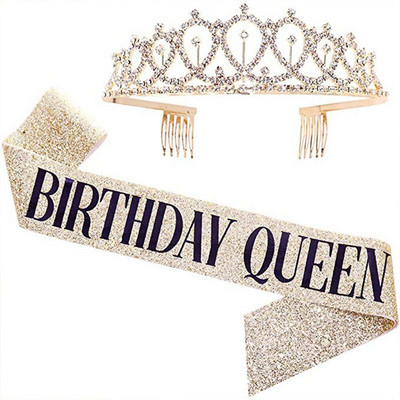 Bling Rhinestone Crystal Crown Tiara Birthday Anniversary Decorn Happy 18 21 30 40 50th Birthday Satin Sash Party Supplies