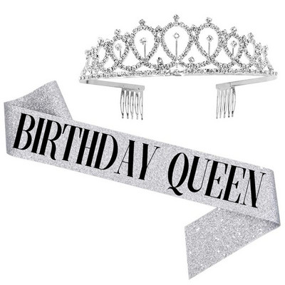 Bling Rhinestone Crystal Crown Tiara Birthday Anniversary Decorn Happy 18 21 30 40 50th Birthday Satin Sash Party Supplies