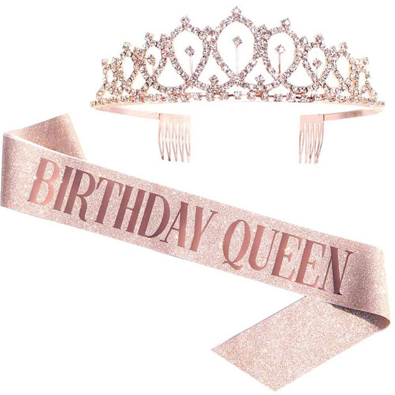 Bling Rhinestone Crystal Crown Tiara Birthday Anniversary Decorn Happy 18 21 30 40 50th Birthday Satin Sash Party Supplies