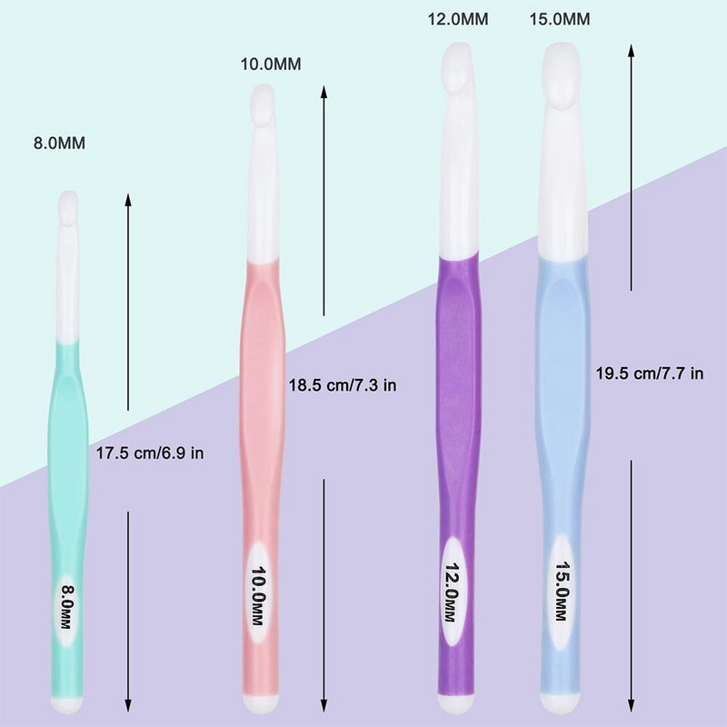 Set de 4 bucăți de croșete mari Croșete ergonomice anti-alunecare pentru începători Croșetă Ace de croșetat din plastic extra lungi