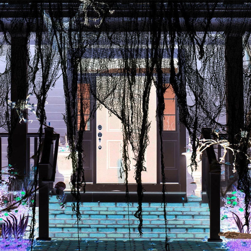 Jeziva tkanina za dekoraciju za Noć vještica Strašne scene za zabavu Rekvizit za horor Kuća Prozor Stol Vrata Mreža Crna tkanina od pređe Noć vještica Gaza