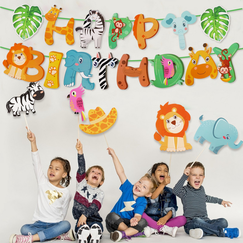 Pădure Animale din junglă Veselă de unică folosință Junglă Safari Zi de naștere Copil Zoo Maimuță Leu Zebră Elefant Un prim băiat Pădure