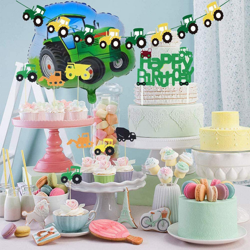 Rohelise talu traktori temaatiline peokaunistus Ekskavaator Sõiduk Palju õnne sünnipäevaks bänner Garland Cupcake Topper 1. 2 Peokaunistus