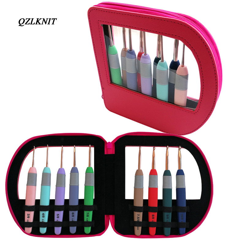 QZLKNIT 9tk/komplekt Kotiga 2,0mm-6,0mm Kommivärvi alumiiniumist heegeldatud plastikust käepidemega DIY kudumisvardad õmblustööriistad