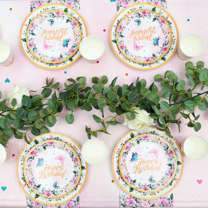 Set posuđa za jednokratnu upotrebu leptir Papirnati tanjur Salveta Banner Sretne djevojke Dekoracije za rođendansku zabavu Dječji pribor za tuširanje