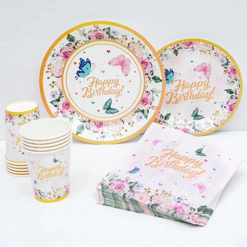 Roosa liblikaga sünnipäevalauanõud Taust Palju õnne esimese sünnipäevapeo kaunistused Lastele Tüdrukutele Liblikate kaunistused Baby Shower