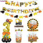 Građevinarstvo Serija buldožera Set posuđa za jednokratnu upotrebu Papirnate čaše Tanjuri bager Kamion Balon Dekoracija za dječačku rođendansku zabavu