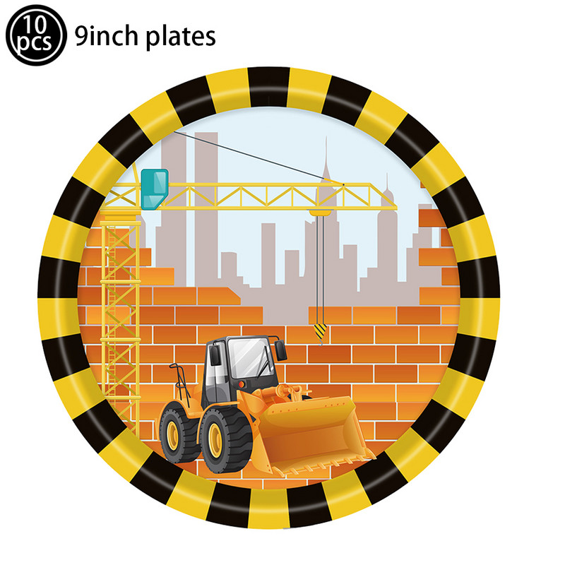 Σετ επιτραπέζιων σκευών μιας χρήσης σειράς μπουλντόζας κατασκευών Χάρτινα ποτήρια Πιάτα εκσκαφέας Φορτηγό Μπαλόνι Διακόσμηση πάρτι γενεθλίων για αγόρι