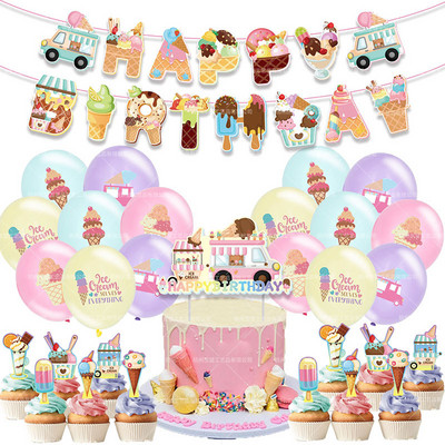 Ice Cream Cartoon Birthday Party Decor Ice Cream Banner Balloons Cake Topper Sweet Girl Ice Cream 1st Birthday Party Babyshower