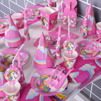 Еднорог Парти консумативи Розова дъга Еднорог Банер Чиния Салфетка Опаковка за кексчета Baby Shower Консумативи за декорация на рожден ден