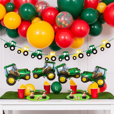 1 set de baloane gonflabile cu tema fermă, tractor verde, decorațiuni pentru petrecerea de mulți ani, banner pentru vehicule cu excavator