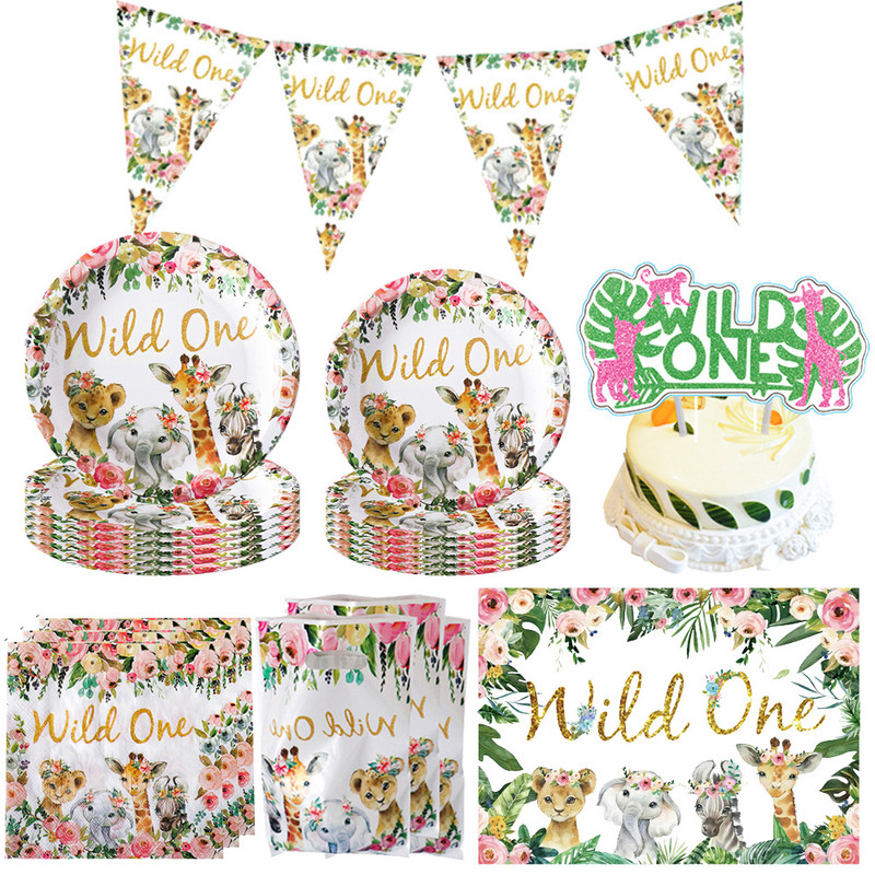 Νέο ροζ χρυσό Wild One Theme Party Επιτραπέζια σκεύη μιας χρήσης Ζούγκλα Ζώο σερβίτσιο Χάρτινο Πιάτο Κύπελλο Διακοσμήσεις για πάρτι γενεθλίων για κορίτσια