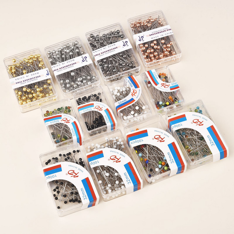 100 τεμ./Κουτί Πολύχρωμο στρογγυλό μαργαριταρένιο κεφάλι βελόνες βελονιάς ίσιες καρφίτσες ραπτικής ώθησης για μοδίστρα DIY Εργαλεία ραπτικής Τοποθέτηση
