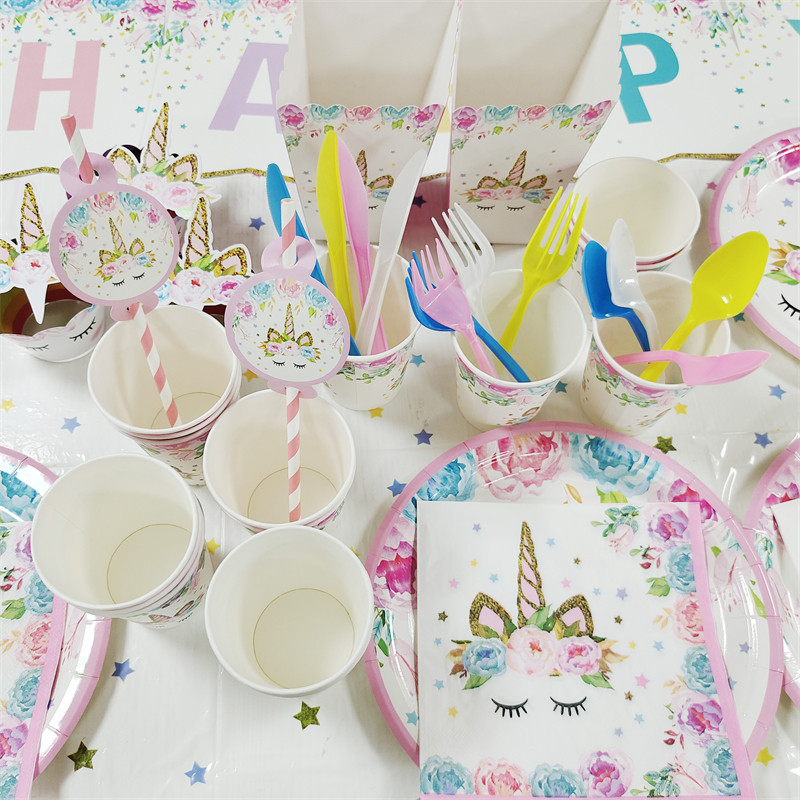 Ükssarviku peokaunistus Sünnipäevapeo kaunistus Lapsele Ükssarviku ühekordsed lauanõude komplekt Beebi dušš Tüdruku sünnipäevapeotarbed